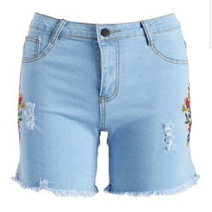 Ananda Denim Blue Distressed Embroidery Short